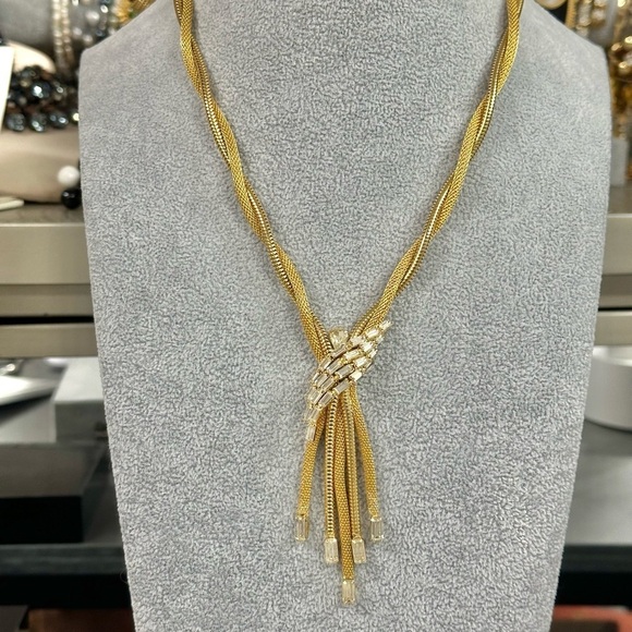 Vintage Signed Fjj Gold Tone Mesh And Serpentine Twist Necklace with Baguettes - Picture 1 of 4